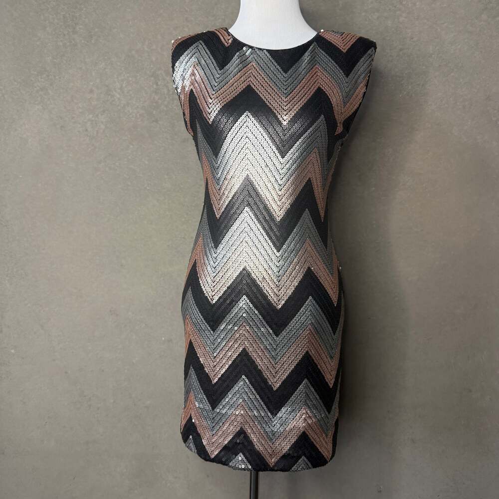 As U Wish Chevron Sequin Mini Dress Open Back Black Rose Gold Silver Medium